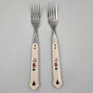 Two Pfaltzgraff 8" Snow Village Stainless Steel Dinner Forks Replacements